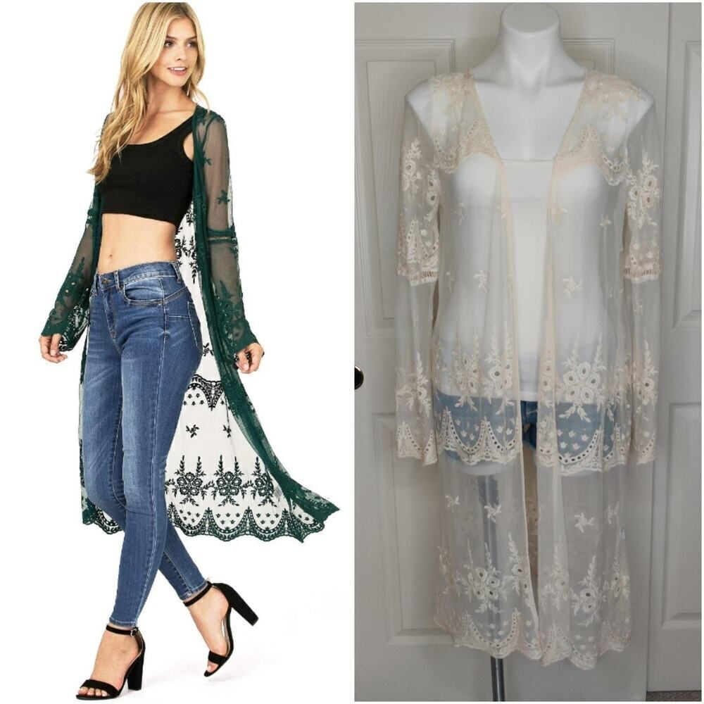 Haute Monde Boho Long Sleeve Mesh Open Front Long Cardigan sz L